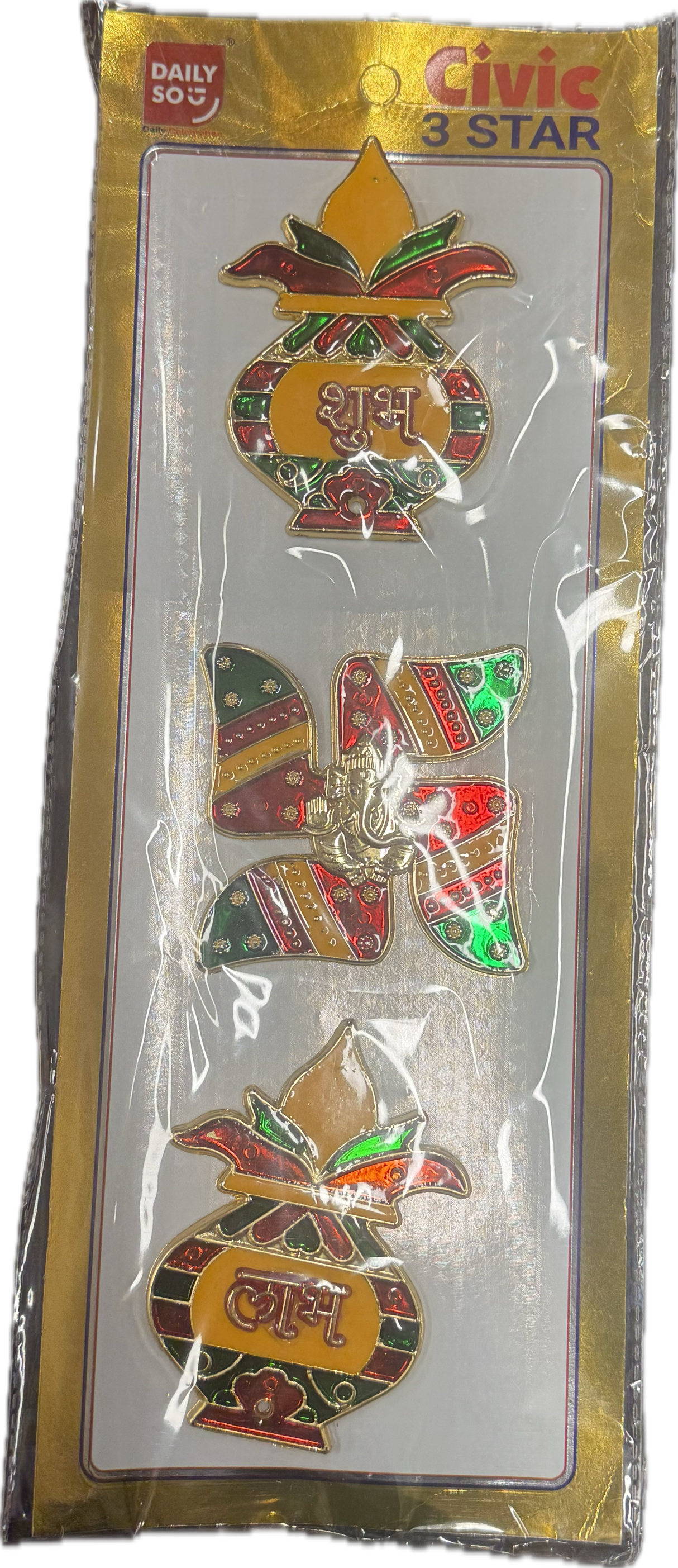 Civic 3 Star Kalash Swastik Acrylic Sticker - 3 Pc Set